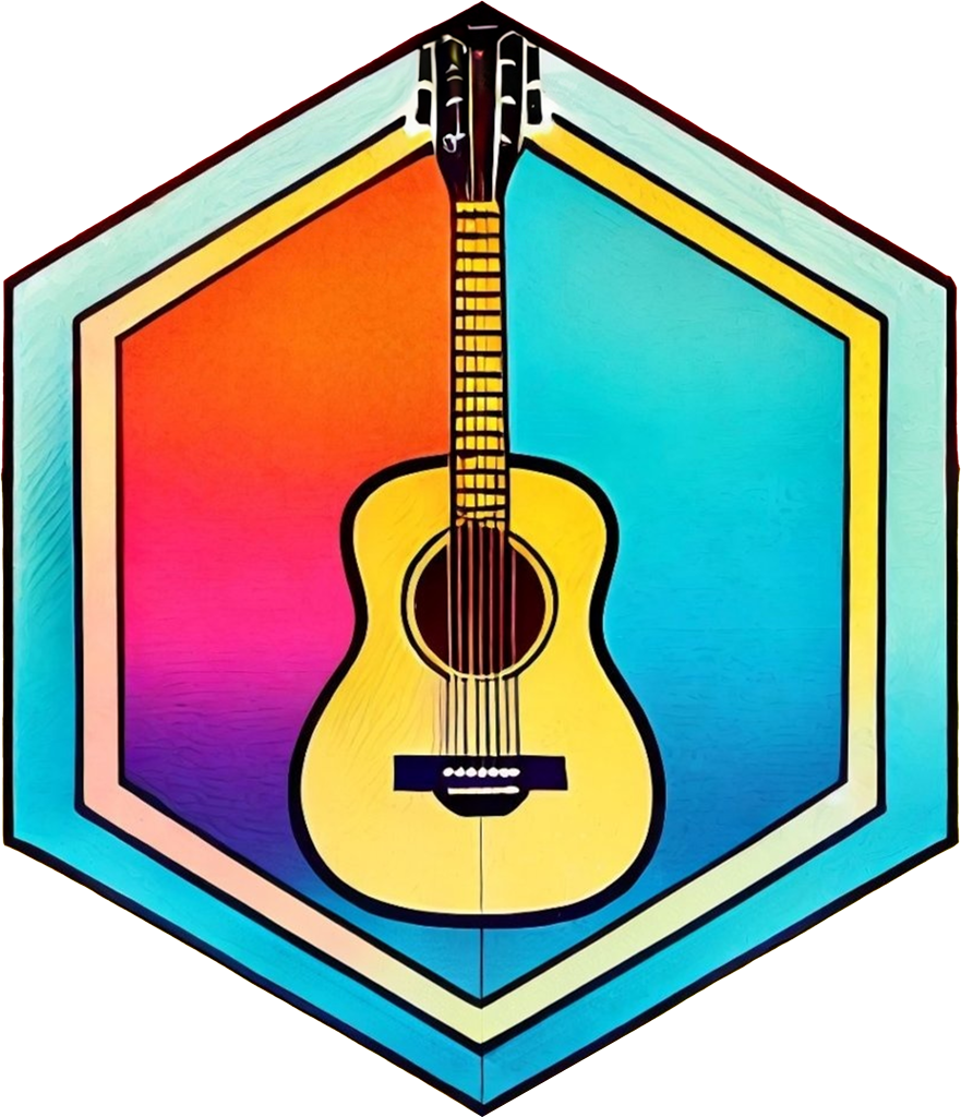 acoustic guitar centered in a colorful hexagon